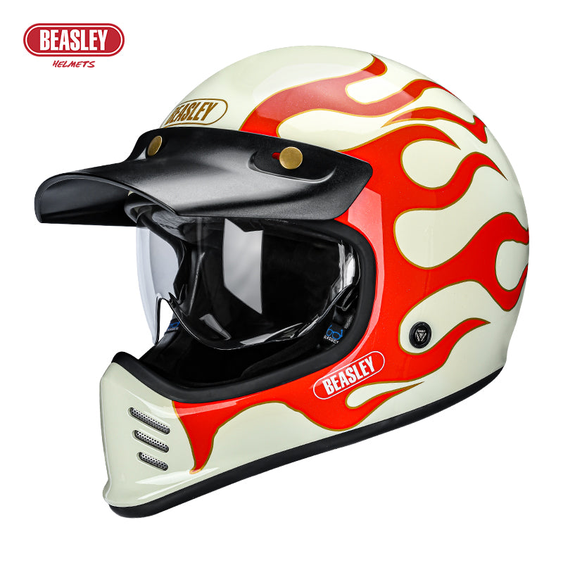 Beasley Retro Full-Face Helmet Z502-White Flame | Scrambler Cruiser Scooter Universal